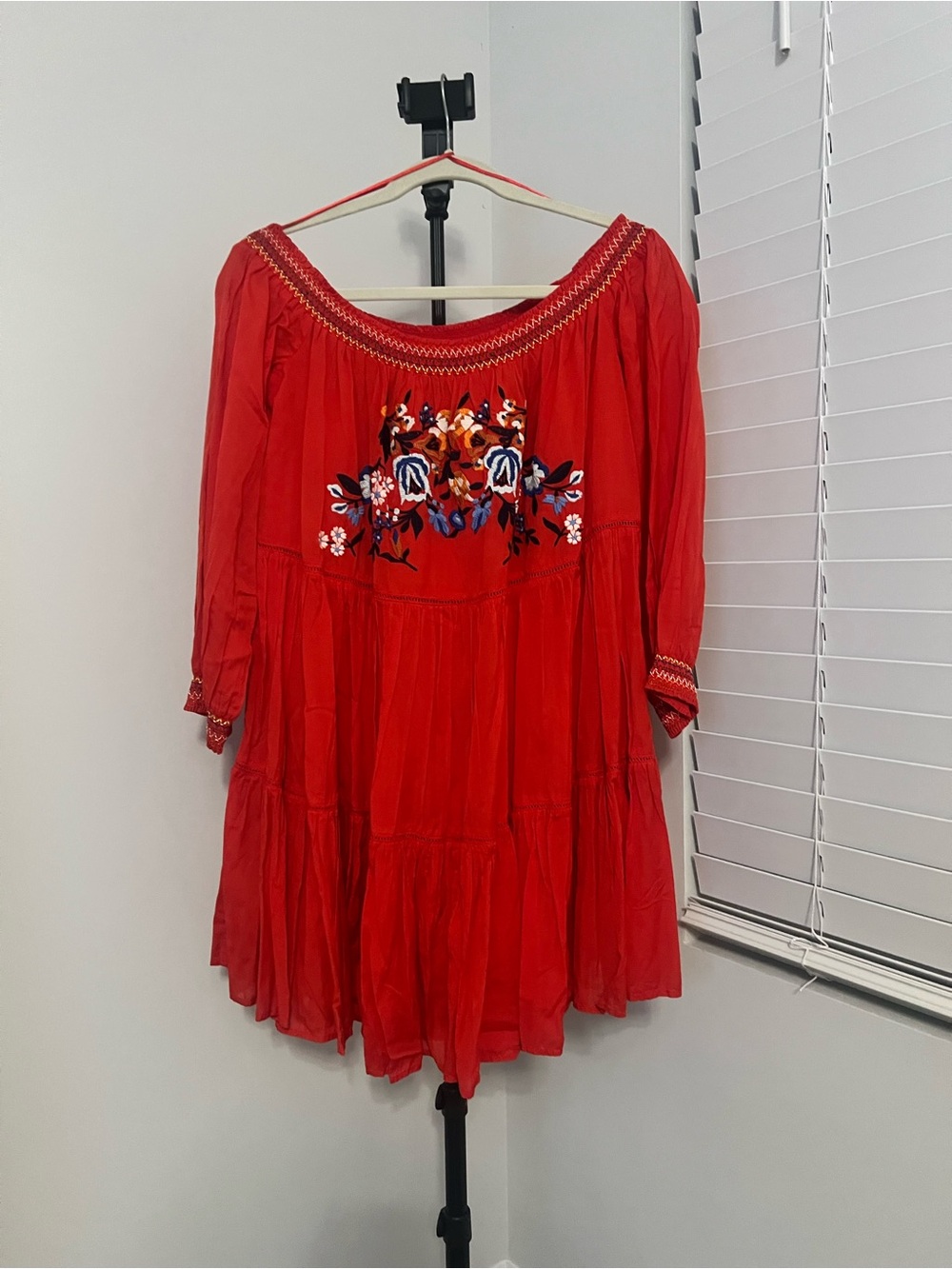 Free People Red Embroidered Boho Top with Floral Detail